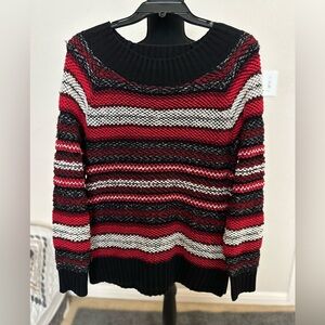 Chaps Womens Sweater Large Red Black Stripe Ribbed Knit Raglan Long SleeveChaps.